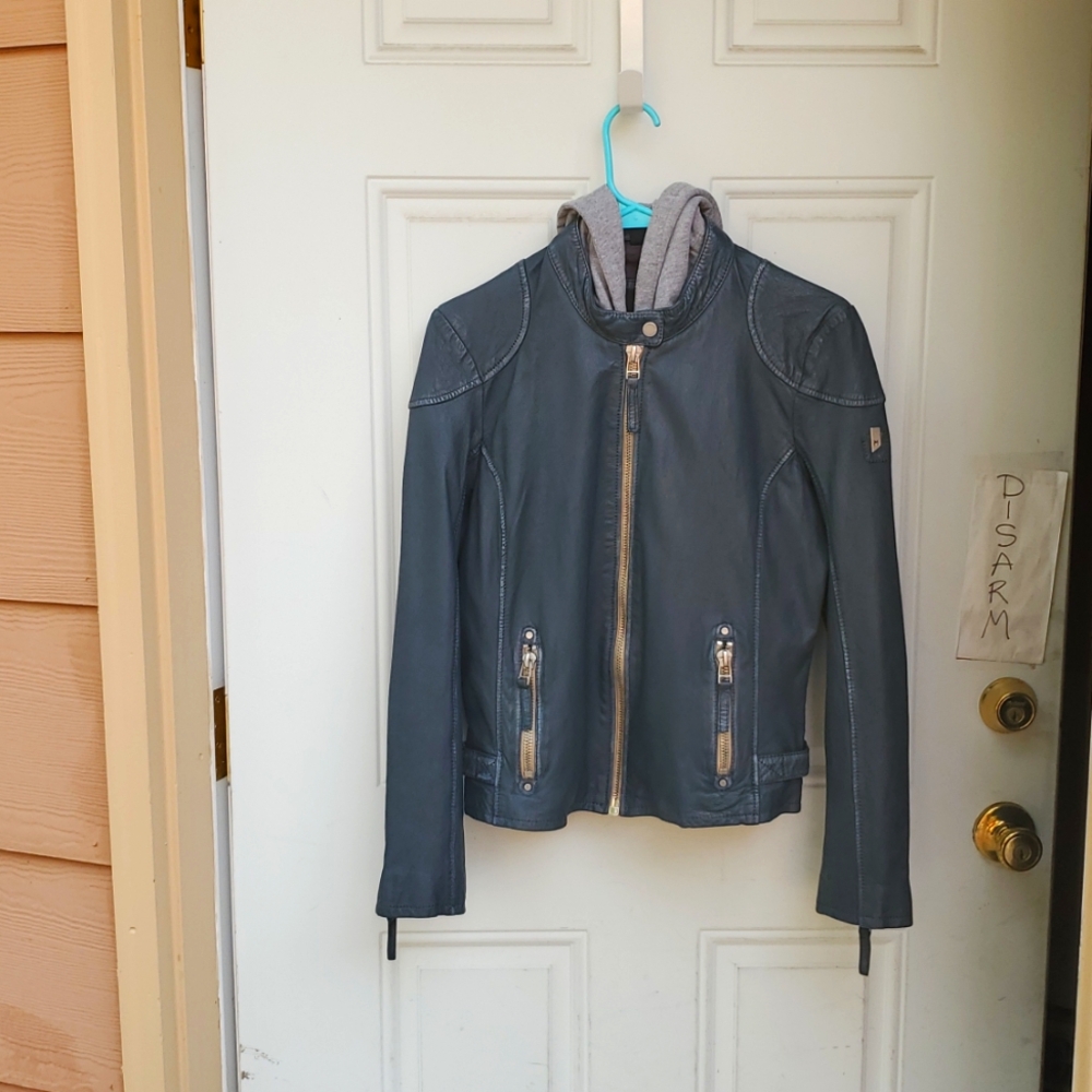 Blue Leather Jacket w/Zip Out Hood